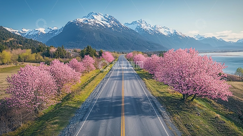 高清大图下载【趣麦麦图】粉色樱花路通向雪山
