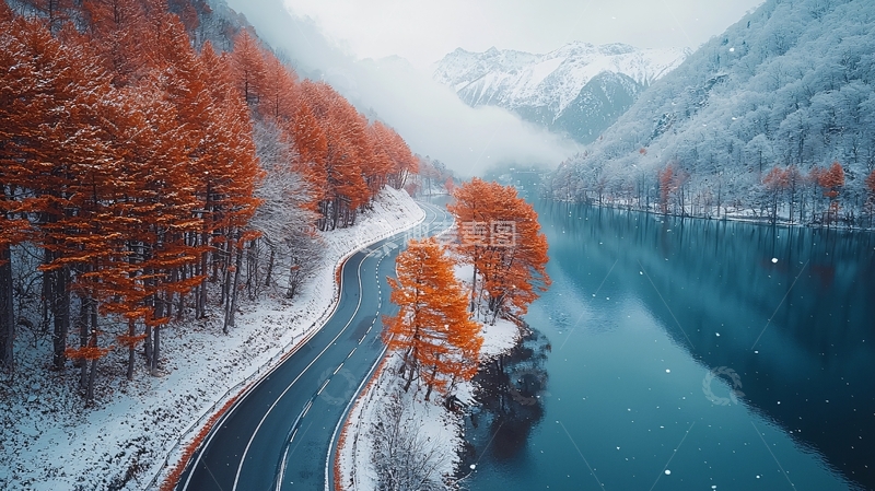 高清大图下载【趣麦麦图】冬季山间公路湖泊美景