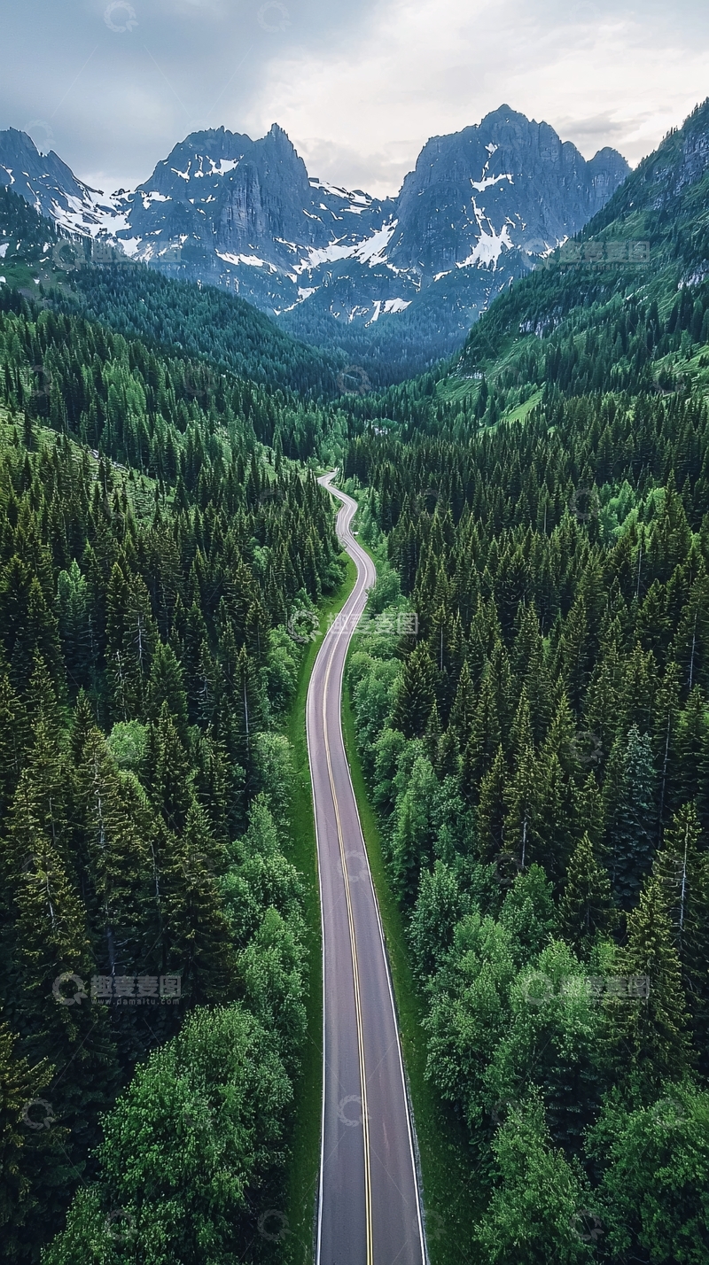 高清大图下载【趣麦麦图】蜿蜒道路穿梭于森林与雪山之间