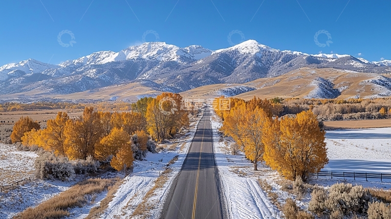 高清大图下载【趣麦麦图】秋季道路通向雪山