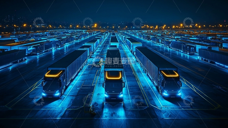 高清大图下载【趣麦麦图】夜晚排列整齐的卡车