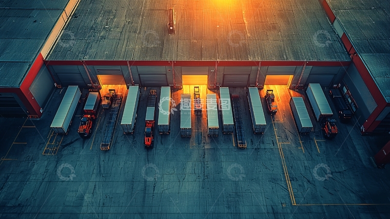 高清大图下载【趣麦麦图】仓库门口停靠一排卡车