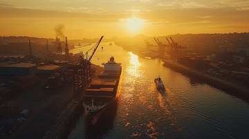 港口日落时分的货轮