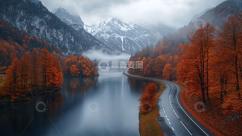 高清大图下载【趣麦麦图】秋日湖畔公路美景
