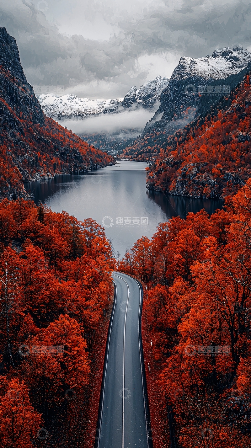 高清大图下载【趣麦麦图】山间湖泊秋色道路