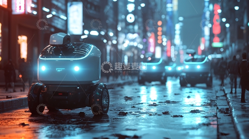 高清大图下载【趣麦麦图】夜晚城市自动驾驶送货机器人