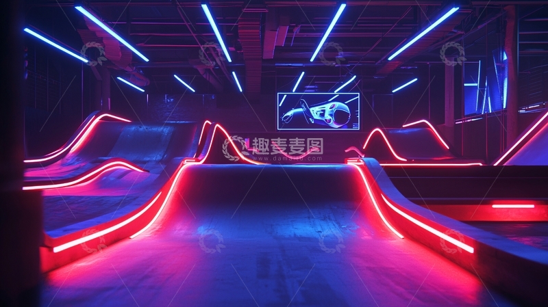 高清大图下载【趣麦麦图】霓虹灯下的酷炫滑板场