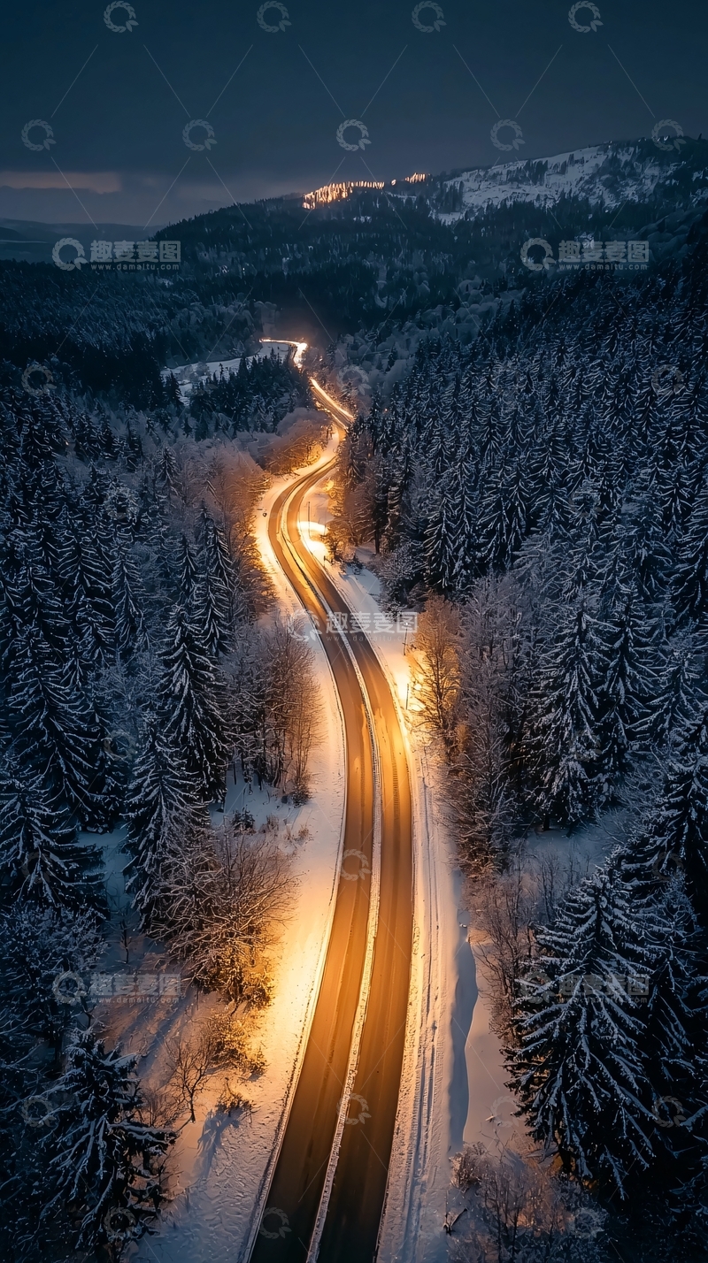 高清大图下载【趣麦麦图】雪夜森林中的蜿蜒道路