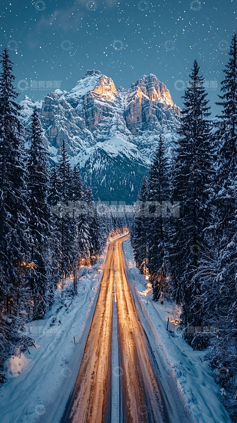 高清大图下载【趣麦麦图】雪山公路星空夜景