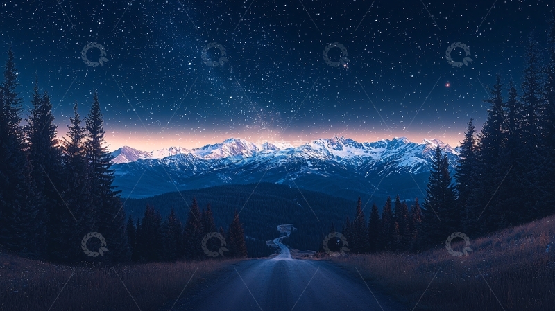 高清大图下载【趣麦麦图】星空下雪山远景公路