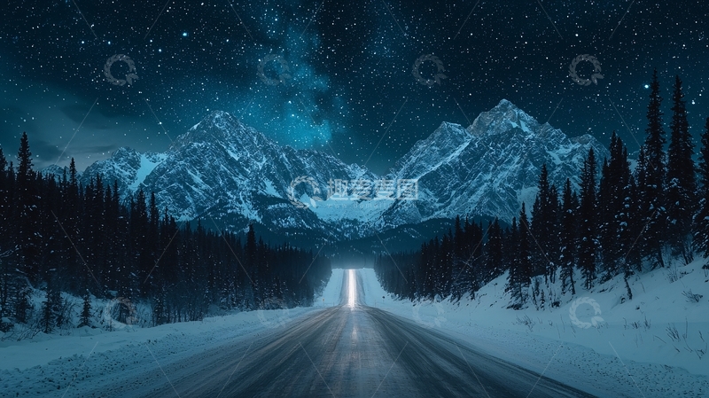 高清大图下载【趣麦麦图】雪夜群山下的公路星空