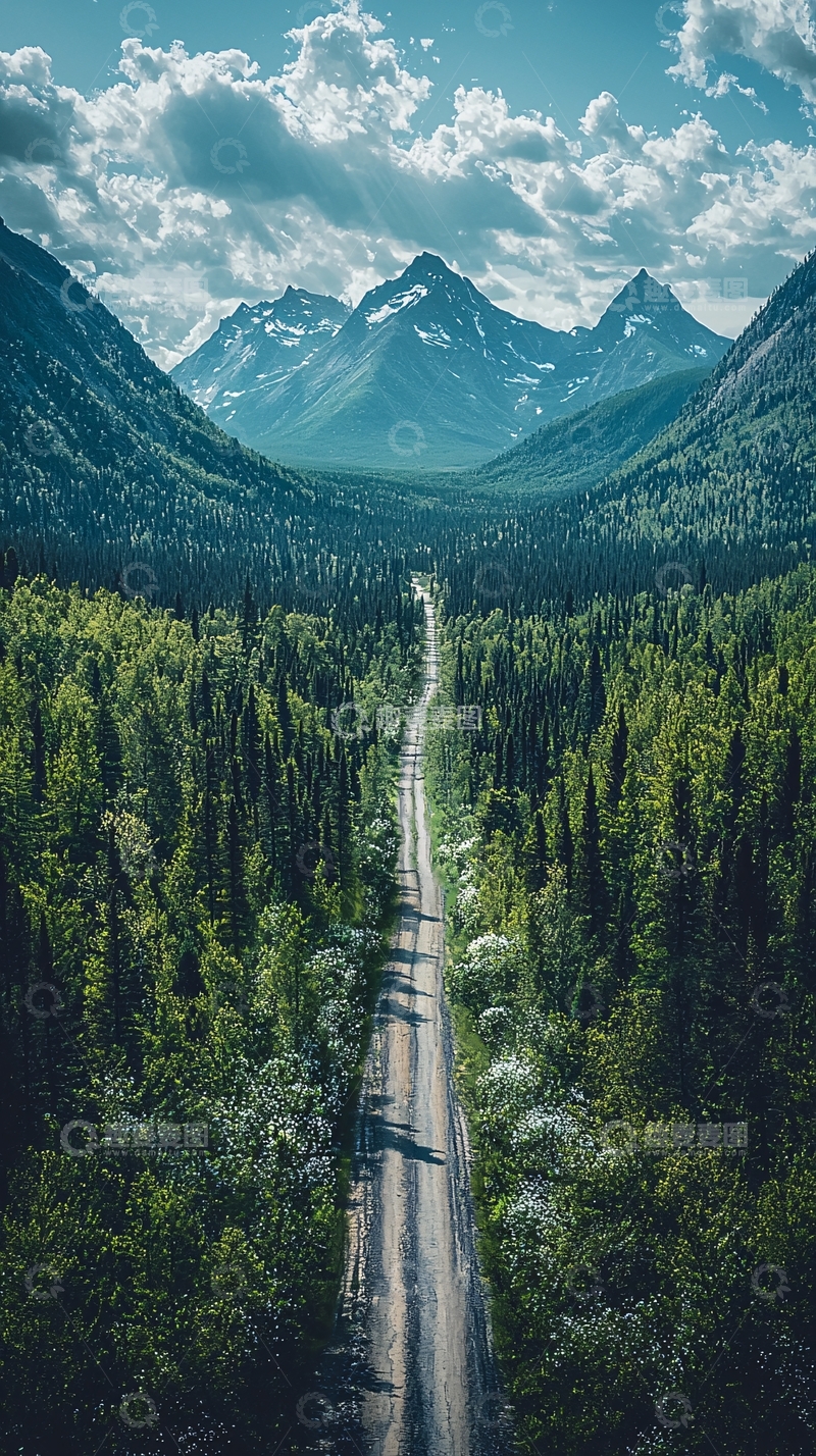 高清大图下载【趣麦麦图】绿色森林通往雪山的路