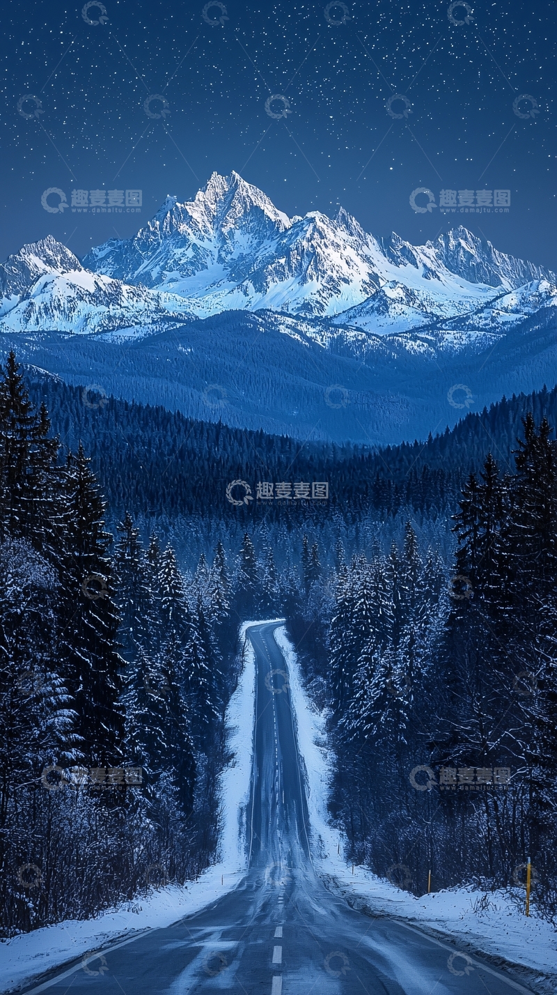 高清大图下载【趣麦麦图】雪山森林道路星空夜景