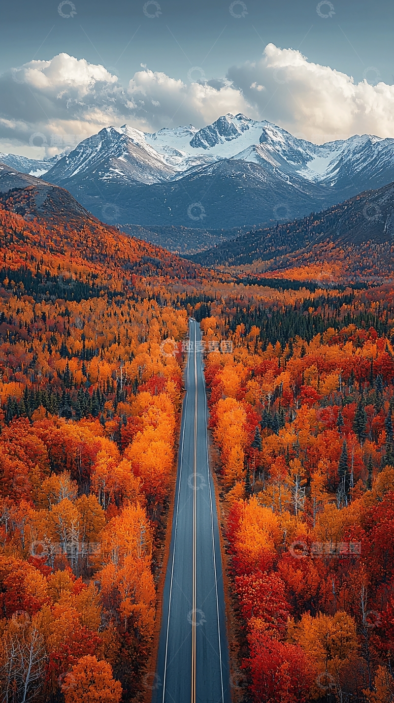 高清大图下载【趣麦麦图】秋日公路通向雪山
