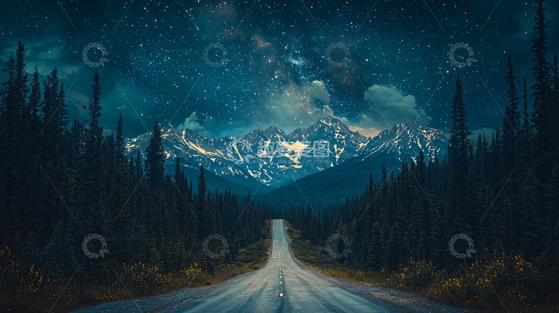高清大图下载【趣麦麦图】星空下的雪山公路