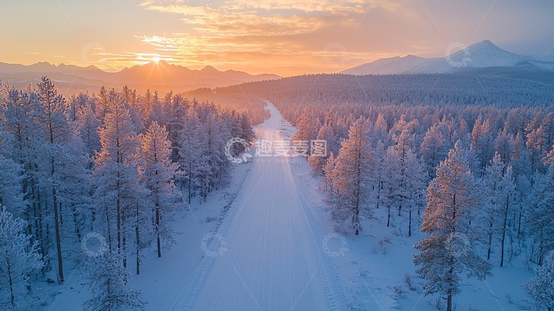 高清大图下载【趣麦麦图】雪原日出下的森林小路