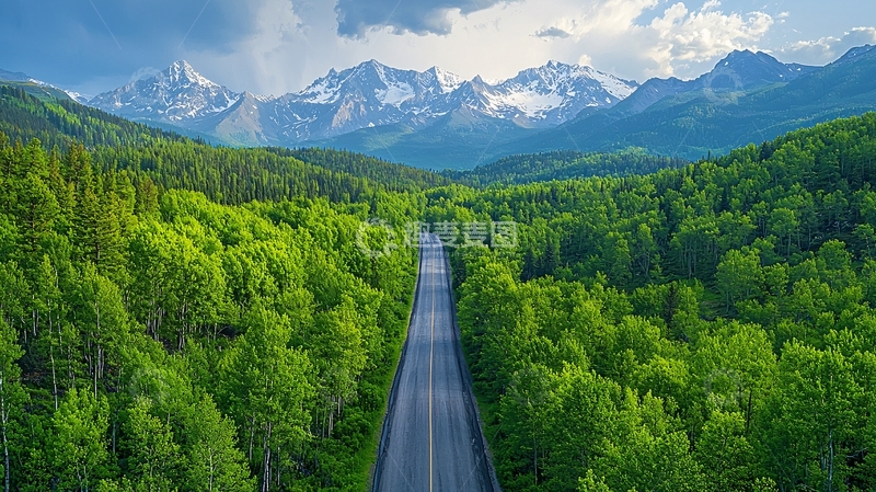 高清大图下载【趣麦麦图】绿色森林道路通向雪山