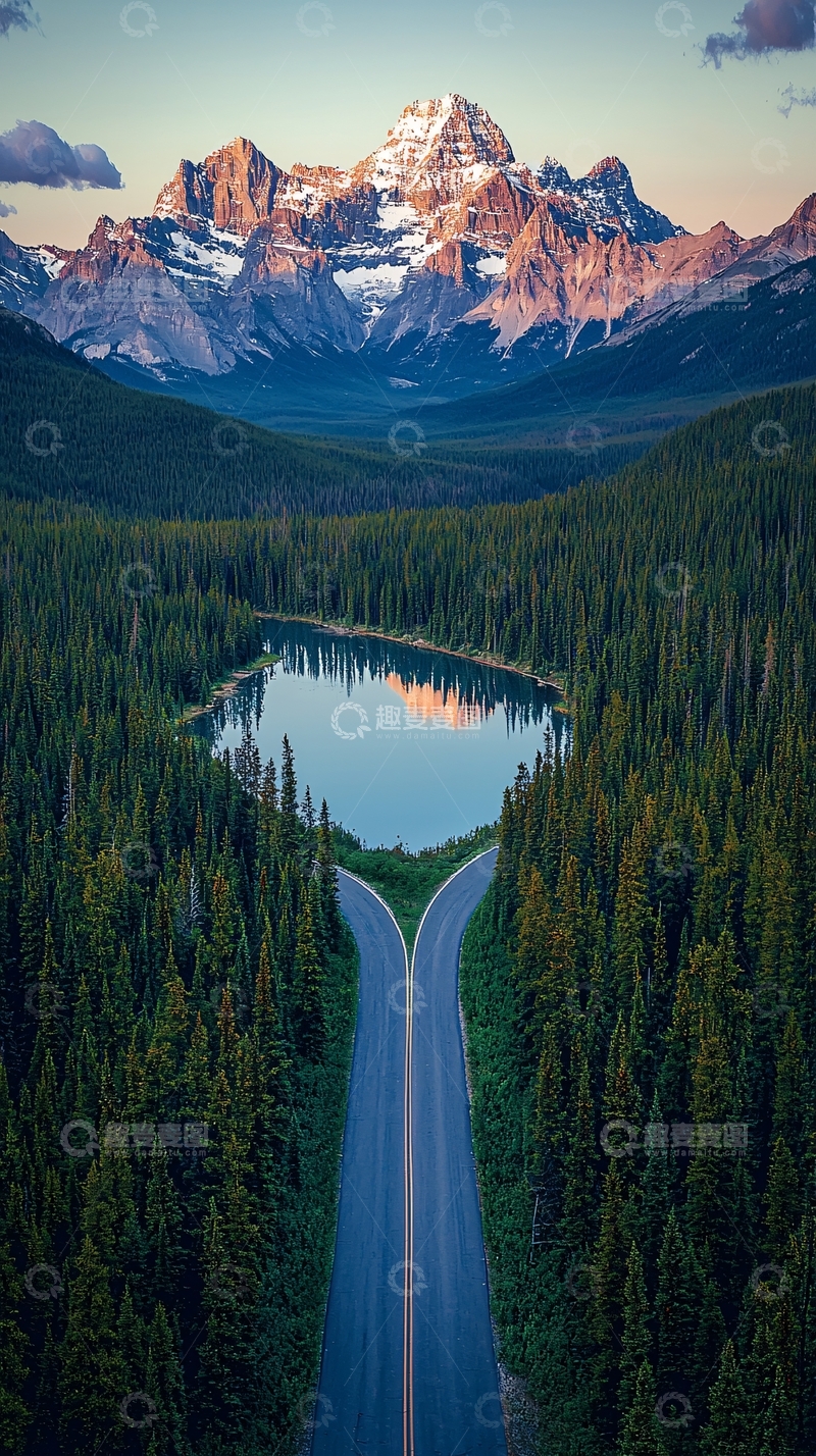 高清大图下载【趣麦麦图】山间公路尽头湖泊雪山
