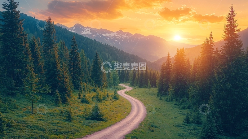 高清大图下载【趣麦麦图】蜿蜒山路与森林日落