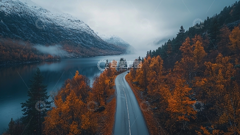 高清大图下载【趣麦麦图】湖边公路秋色