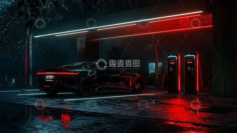 高清大图下载【趣麦麦图】夜晚汽油站充电新能源汽车