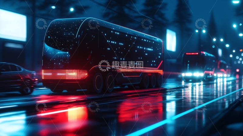 高清大图下载【趣麦麦图】未来科技感城市夜景大巴车