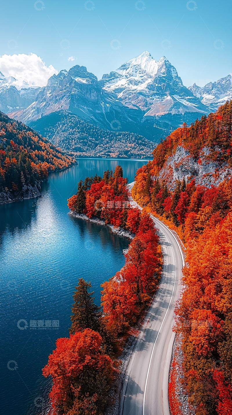 高清大图下载【趣麦麦图】秋日湖畔山路风景如画
