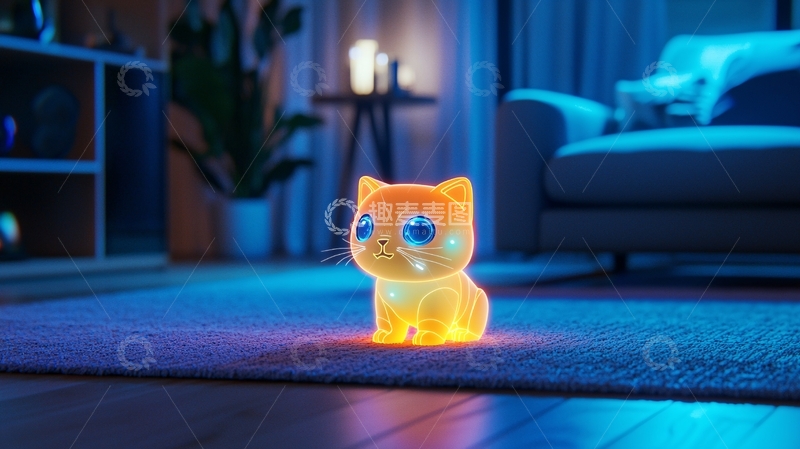 高清大图下载【趣麦麦图】夜晚客厅发光小猫
