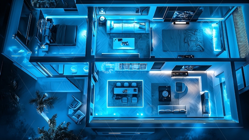 高清大图下载【趣麦麦图】蓝色灯光智能家居俯瞰图
