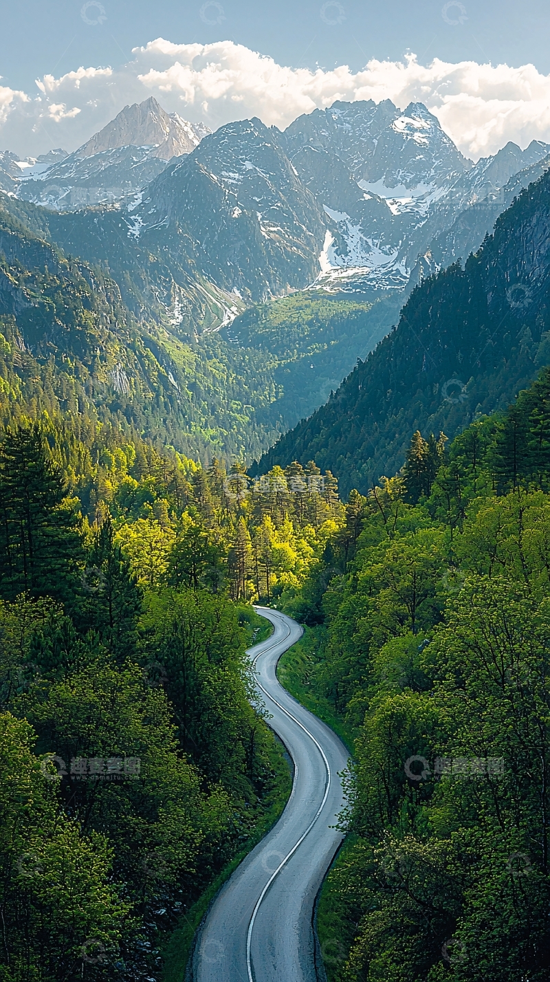 高清大图下载【趣麦麦图】蜿蜒山路通向雪山之巅