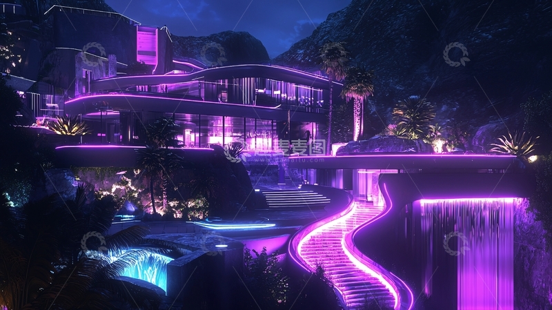高清大图下载【趣麦麦图】紫色灯光豪宅夜景