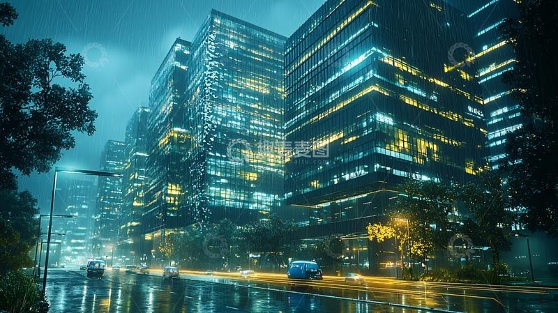 高清大图下载【趣麦麦图】夜晚雨中都市夜景