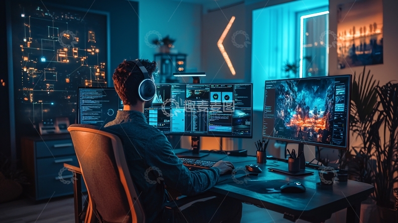 高清大图下载【趣麦麦图】电竞游戏玩家深夜工作