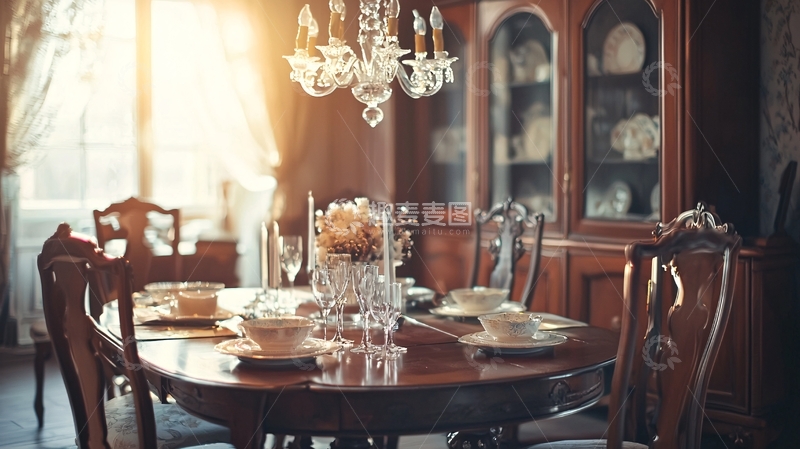 高清大图下载【趣麦麦图】阳光洒进的古典餐厅