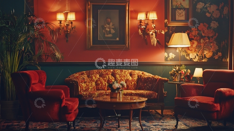 高清大图下载【趣麦麦图】复古红棕色客厅