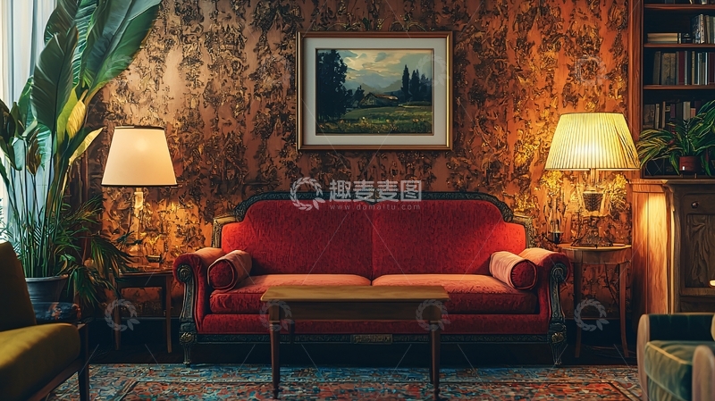 高清大图下载【趣麦麦图】复古红沙发客厅