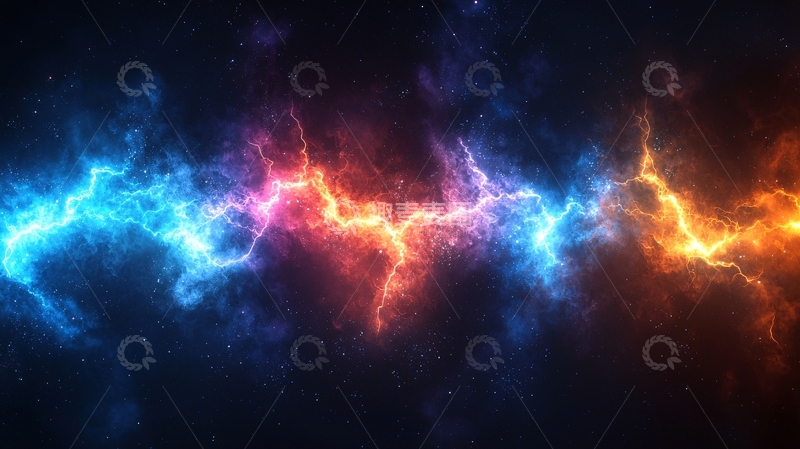 高清大图下载【趣麦麦图】蓝色与橙色的闪电交织