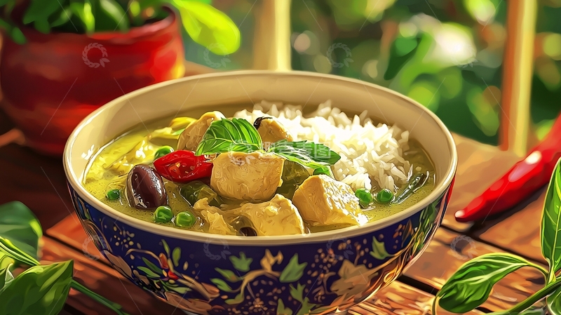 高清大图下载【趣麦麦图】绿咖喱鸡肉饭