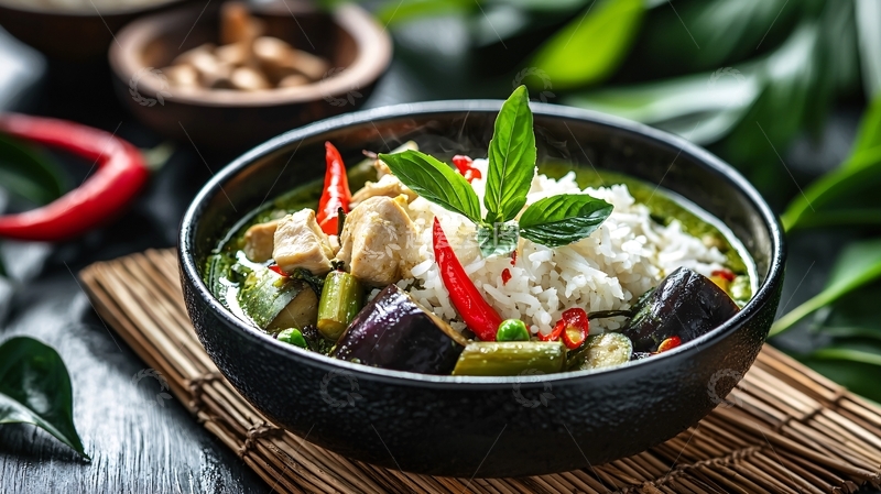 高清大图下载【趣麦麦图】绿咖喱鸡肉饭