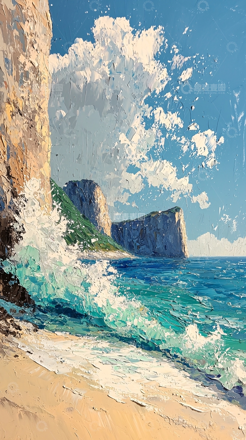高清大图下载【趣麦麦图】海边悬崖的油画风景