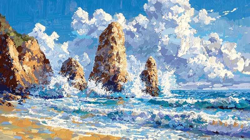 高清大图下载【趣麦麦图】海边礁石水彩画风