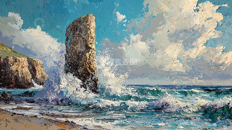 高清大图下载【趣麦麦图】海边岩石的油画风景