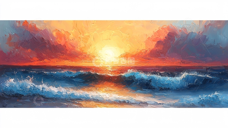 高清大图下载【趣麦麦图】海面日出风景油画