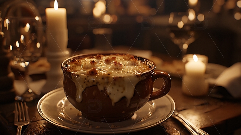 高清大图下载【趣麦麦图】烛光晚餐法式洋葱汤