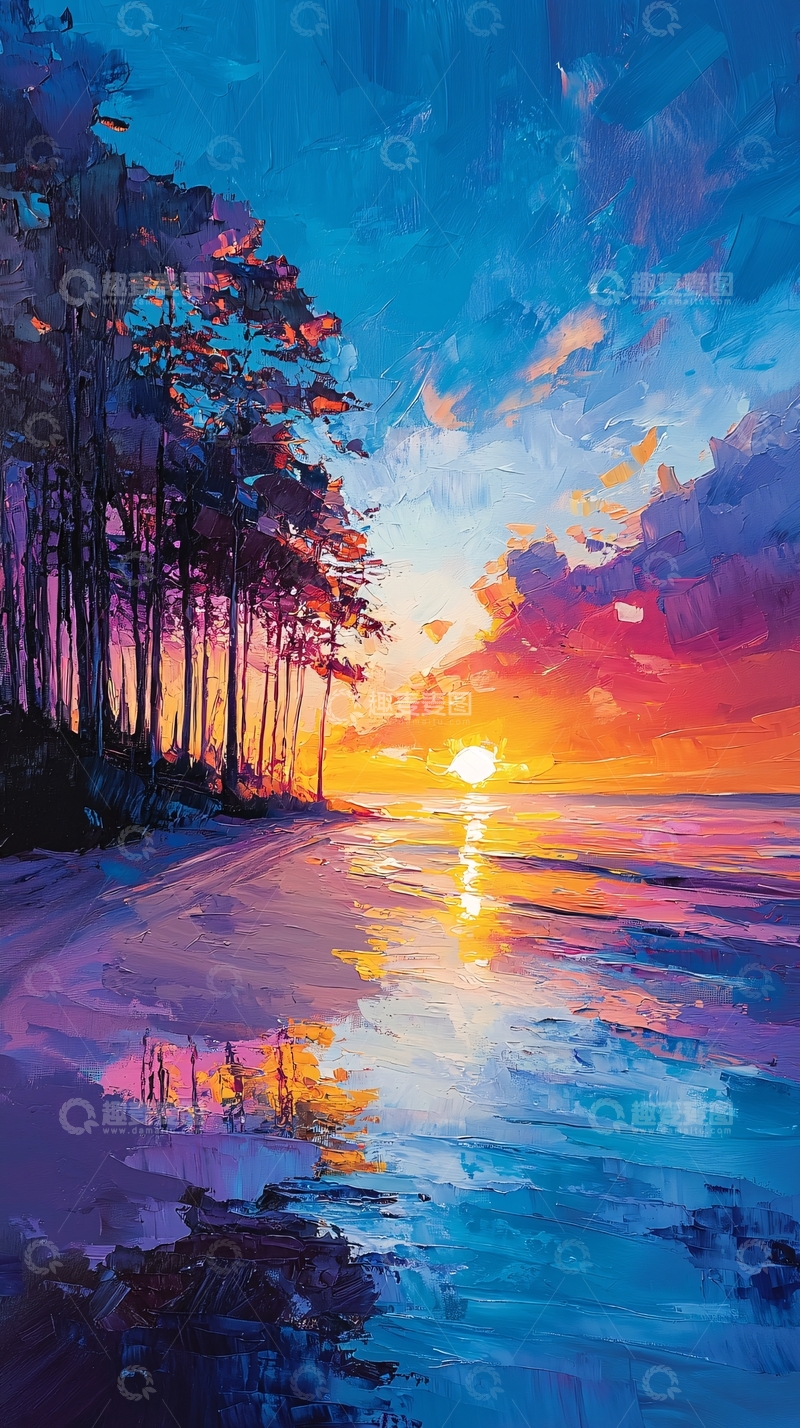 高清大图下载【趣麦麦图】海边日落的油画风格风景