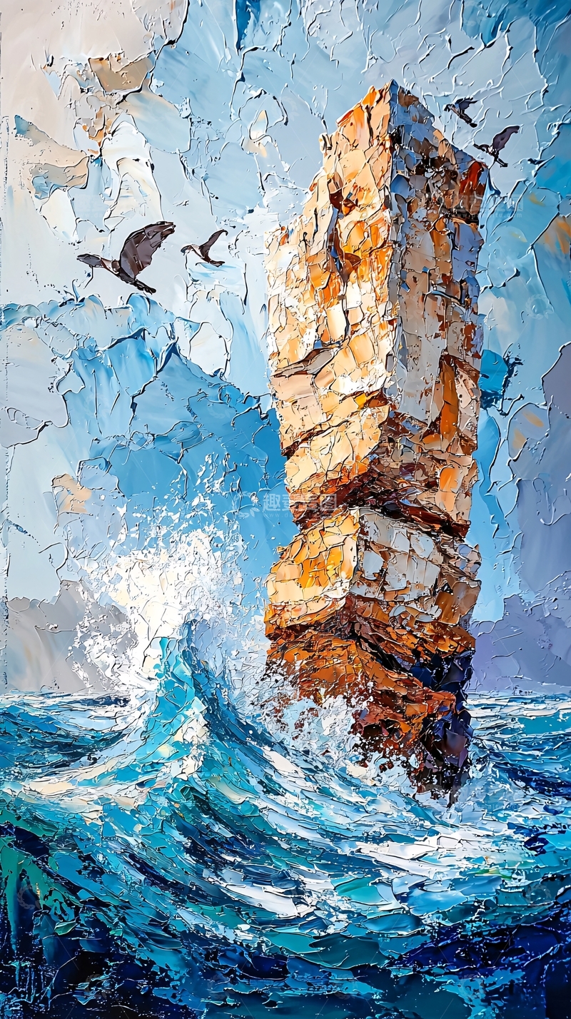 高清大图下载【趣麦麦图】海浪拍打岩石的印象派油画