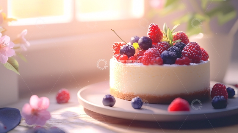 高清大图下载【趣麦麦图】阳光下美味的莓果芝士蛋糕