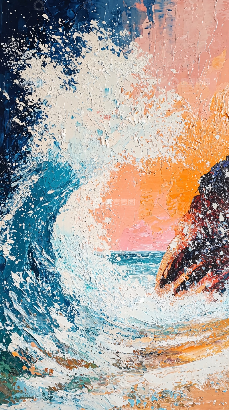 高清大图下载【趣麦麦图】海浪撞击礁石的油画质感