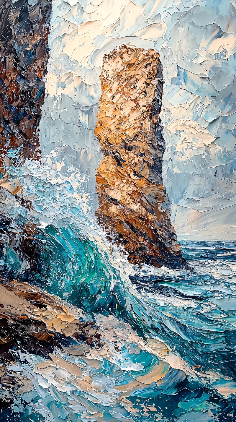 高清大图下载【趣麦麦图】海边岩石的油画风景