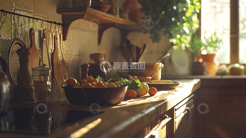 高清大图下载【趣麦麦图】阳光洒在乡间厨房的木质台面上
